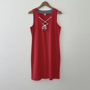 Nautica Women's Size Medium Red Sleeveless Tie V Neckline 100% Cotton Dress NWOT